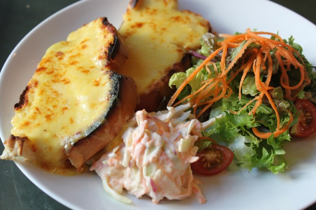 Welsh Rarebit with coleslaw and salad