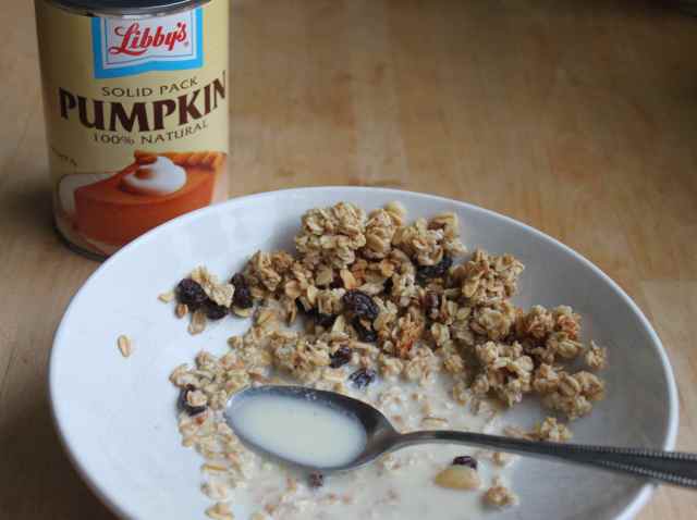 Leftover cereal and can of pumpkin