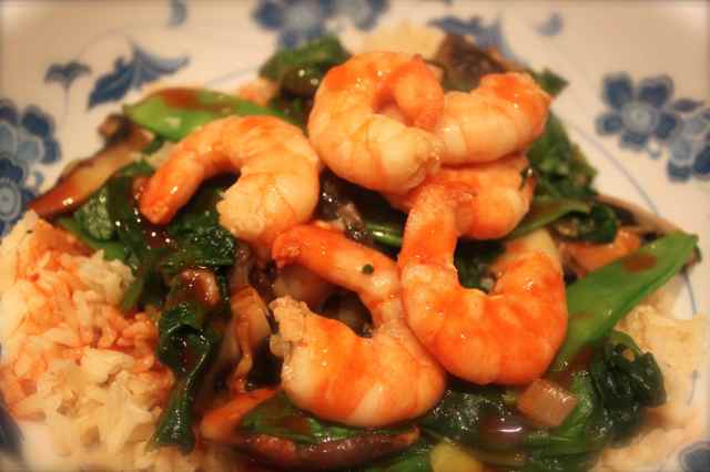 Prawn and veg stir fry with rice