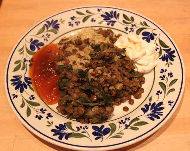 Spinach dal with rice, yogurt and chutney