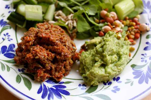 Guacamole and tapenade, close up