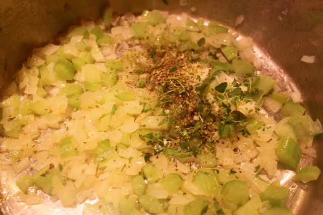 Add herbs and garlic to pan