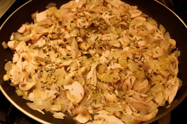 chicken and tarragon added to onions and mushrooms
