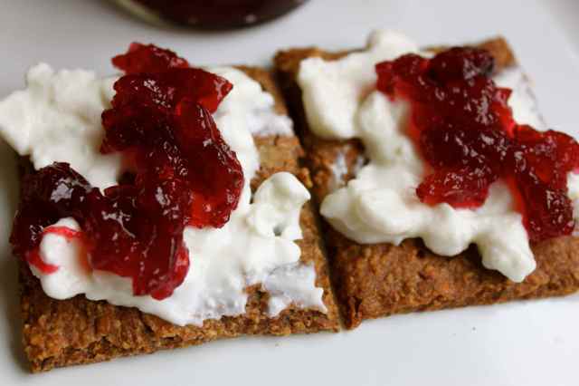 crackers, cottage cheese, cranberry, close up