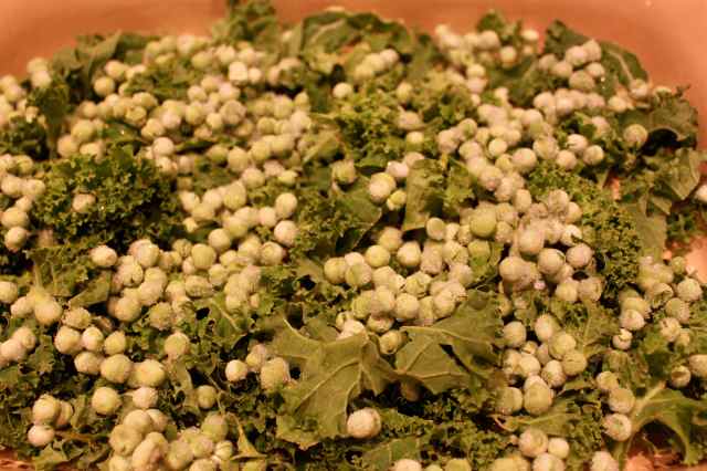 kale and peas in dish