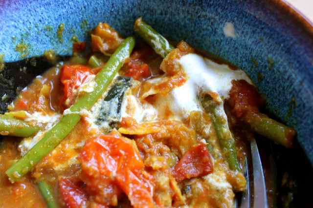 Aubergine and bean curry with soured cream