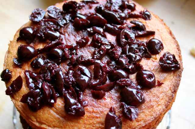 Cherries in Kirsch on vanilla sponge