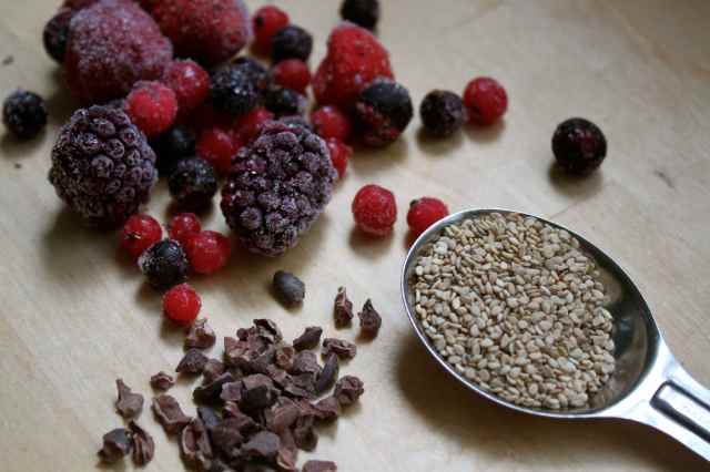 Berries, cacao nibs and sesame seeds