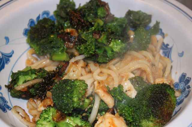 chicken, noodles and greens