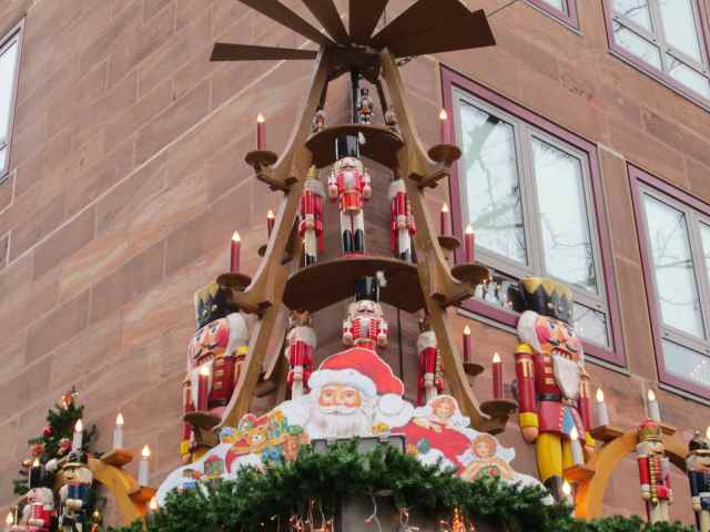 Wooden statues on building