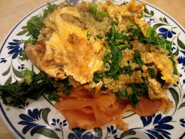 Quinoa, eggs, kale and salmon