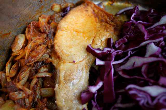 pork chop, red cabbage and onions