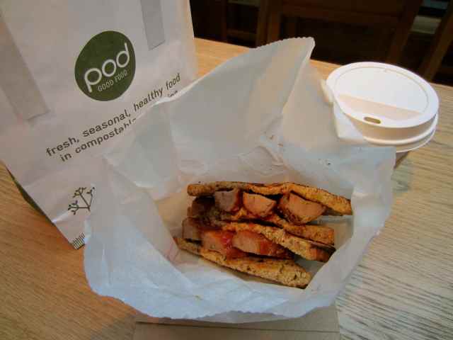 pod sausage sandwich and latte