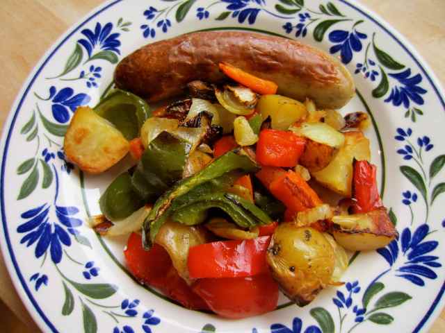 Bratwirst and roasted veg