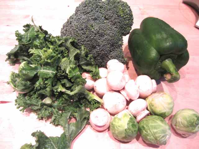 kale, broccoli, brussels, pepper and mushrooms
