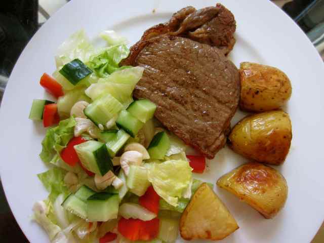 steak, salad and taters
