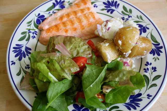salmon, potato salad and salad