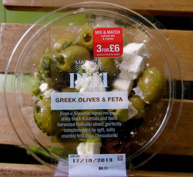 olives and feta in tub