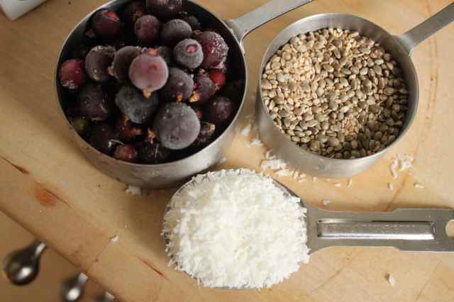 blackcurrants, seeds and coconut