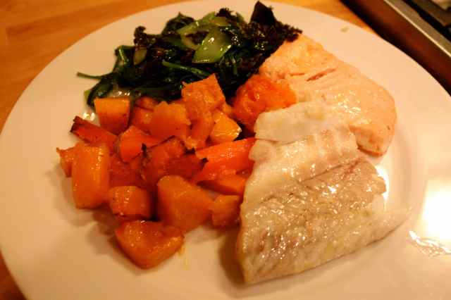 Sea Bass, salmon and veggies