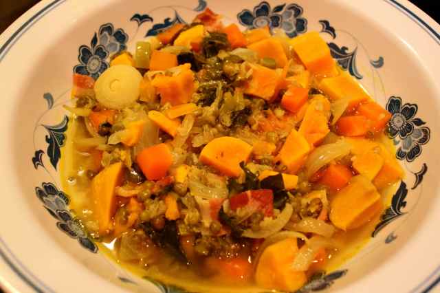 Veg, mung bean and bacon stew