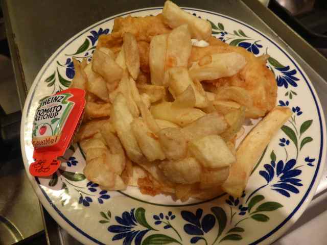 Fish and chips and ketchup