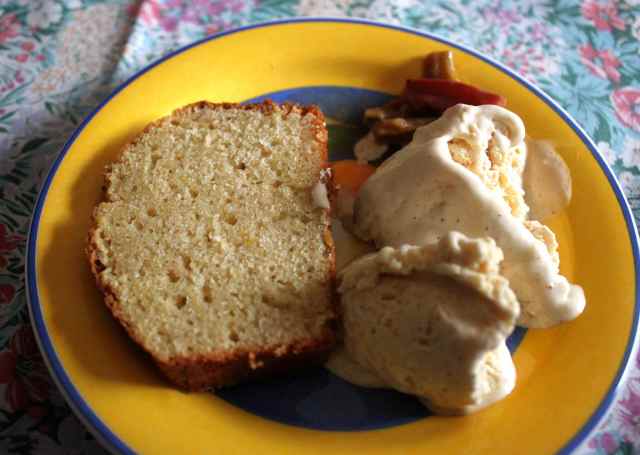 meringue ice crea, rhubarb and orange bay leaf cake