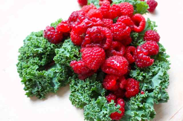 kale and raspberries