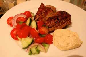 lamb, tomatoes, humous
