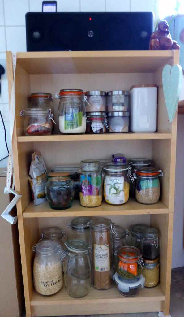 jars on small shelves