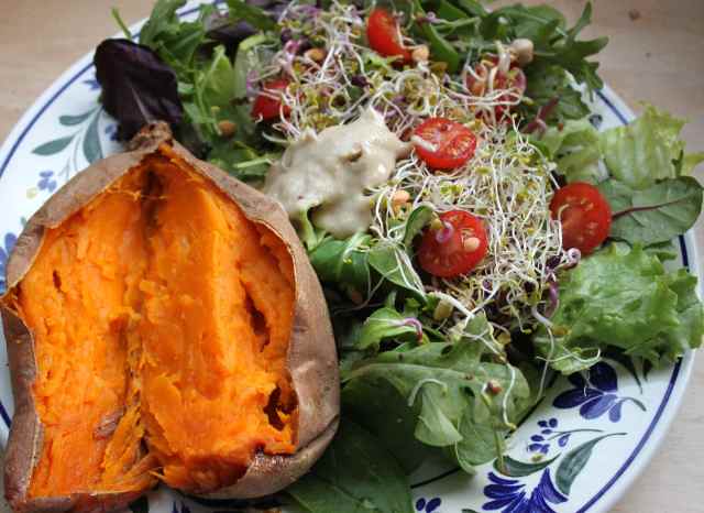 sweet potato, salad, sprouts